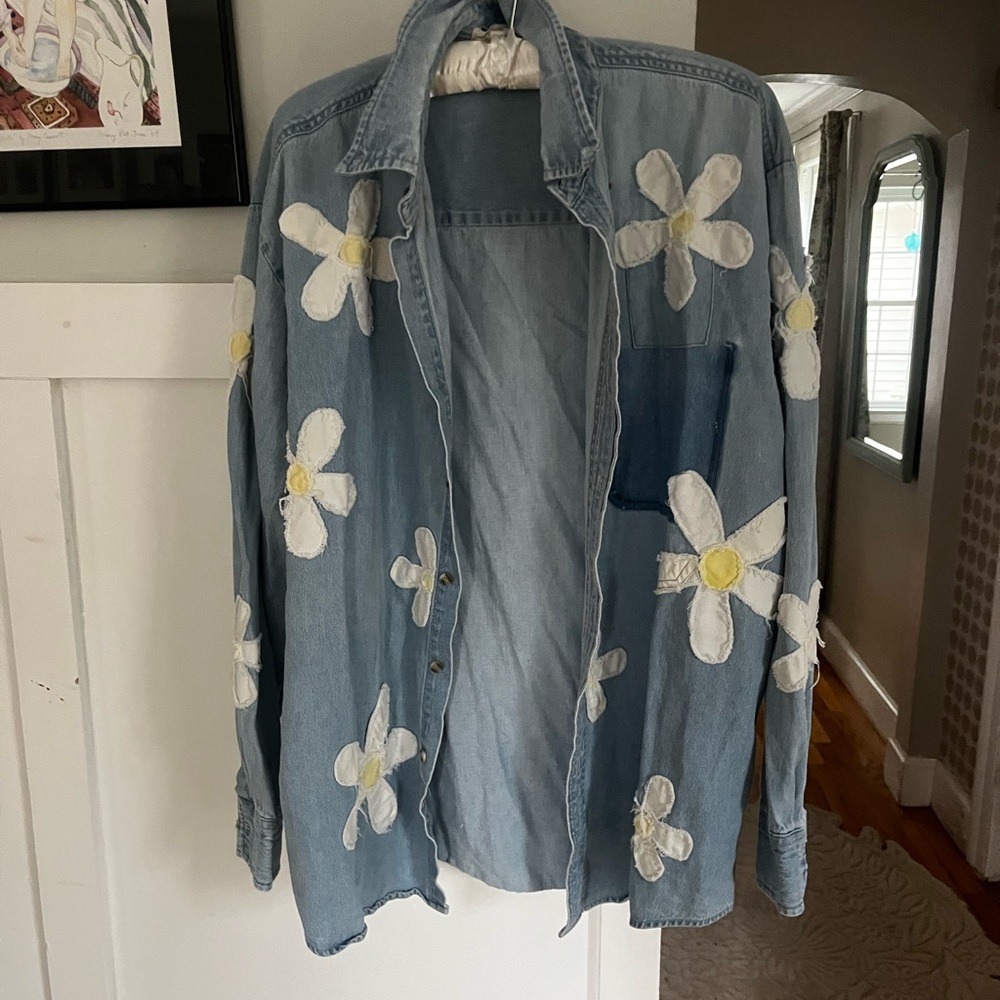 Tricia fix x Free People upcycled Floral Denim Shirt with Daisies - XS/S